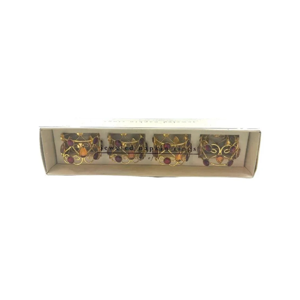 Pier One Imports  Napkin Rings Gold Tone Red And Amber Jeweled Set Of 4 Boho‎